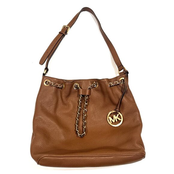 NWOT Michael Kors Frankie Large Leather Drawstring Bag Gold Chain Brown - Picture 1 of 13